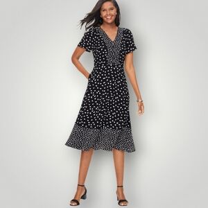 Talbots Black White Heart Print Flutter Sleeve Midi Dress 14 V-Neck Cascade